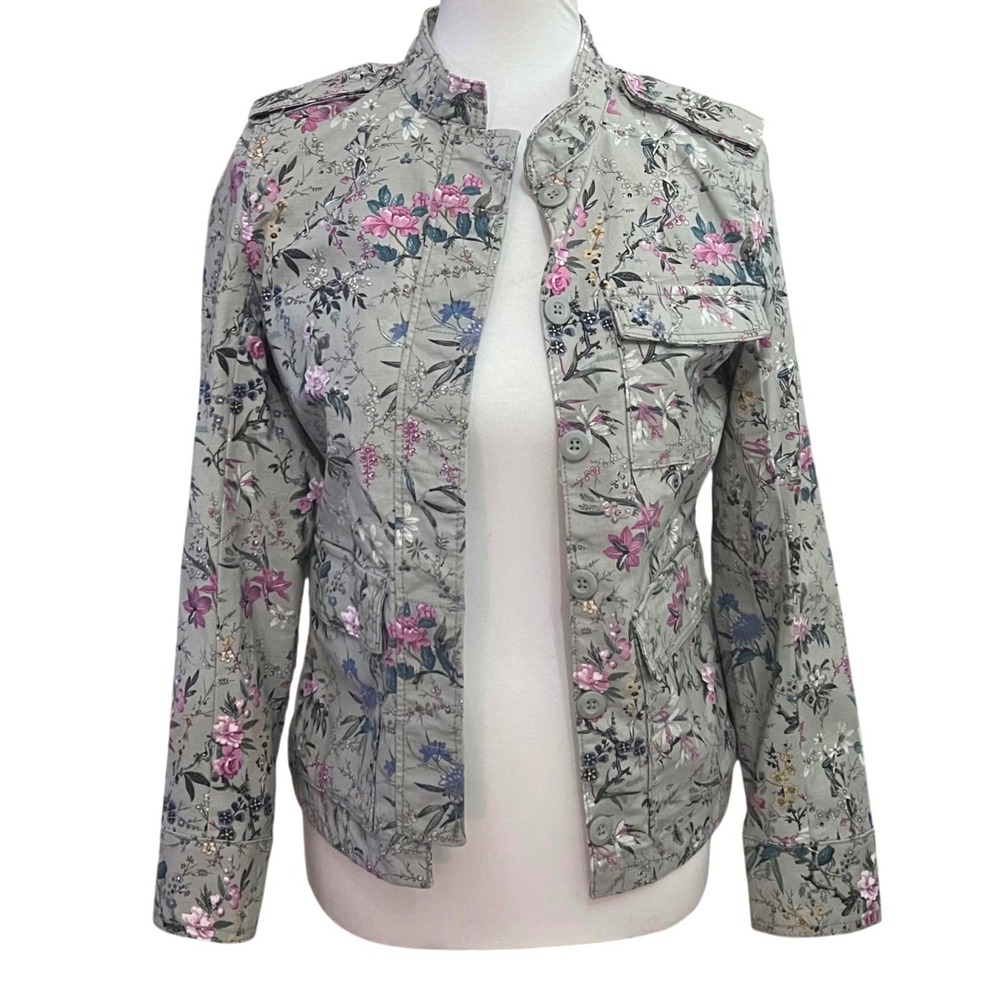 HM Womens Jacket Floral Utility Sage Green Pink Botanical Military Spring Coat 6